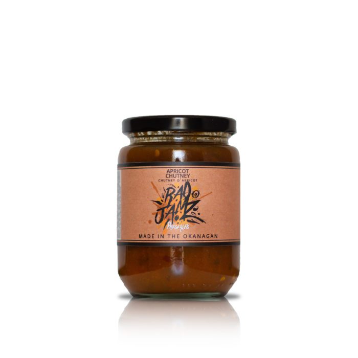 apricot chutney in a jar with a white background. Made in BC