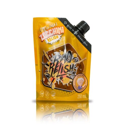 the front side of a yellow bag of rad relish made in the Okanagan