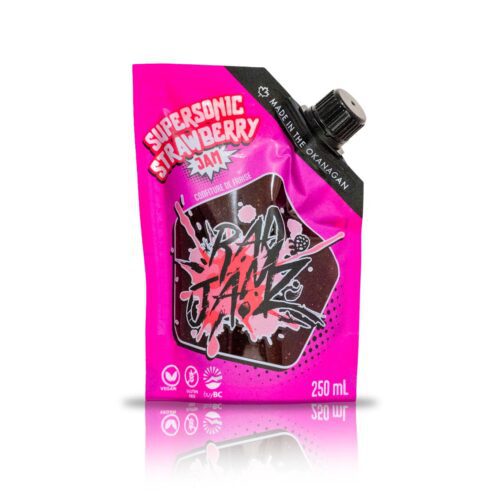 the front side of a bag of jam made by rad Jamz in the Okanagan