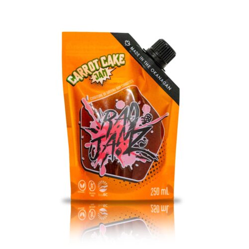 the front side of a bag of carrot cake jam made by rad Jamz in the Okanagan